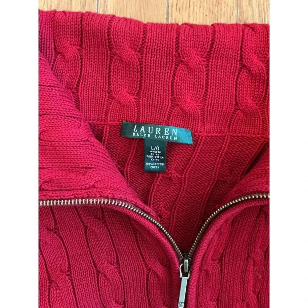 Lauren Ralph Lauren Sweater Womens L Red Cable Full Zip Brass Buckles Pockets